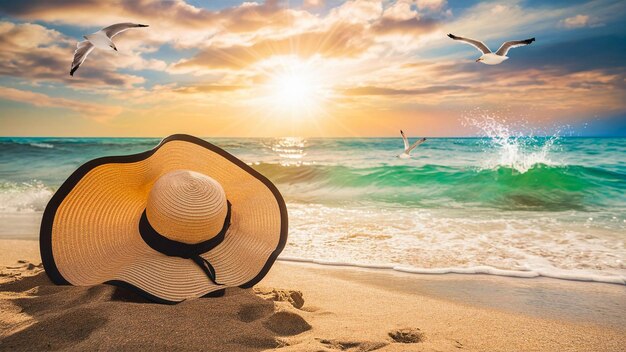 a hat and a hat on a beach with seagulls flying in the background