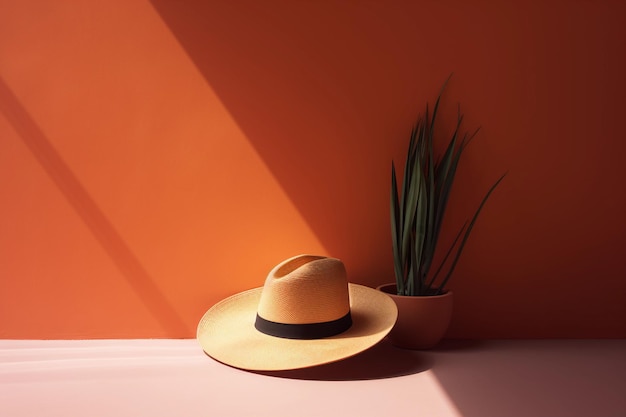 A hat on a pink table in front of a plant