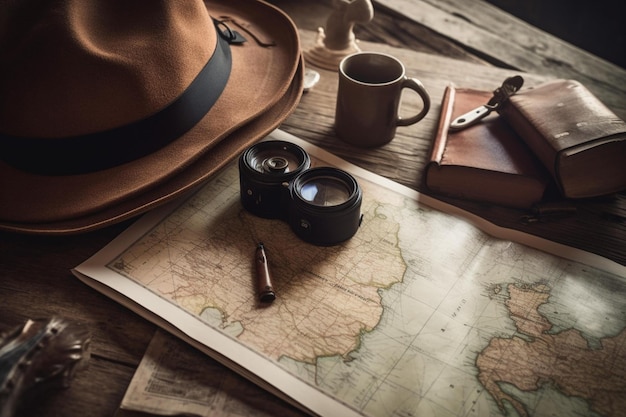 A hat sits on a map next to a binoculars.