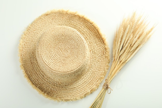 Hat and spikelets on white background top view