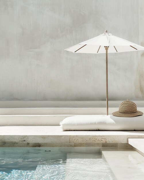 a hat and a straw hat sit on a ledge next to a pool