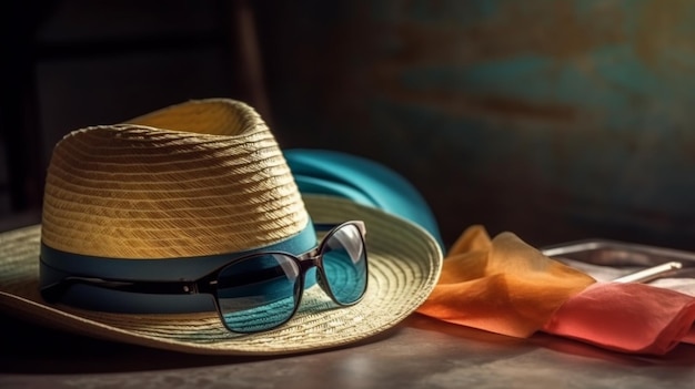 Hat and sunglases close up