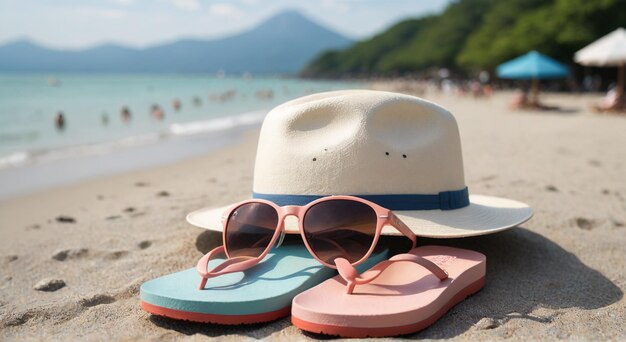 a hat and sunglasses are on the beach and a hat that says  sunglasses