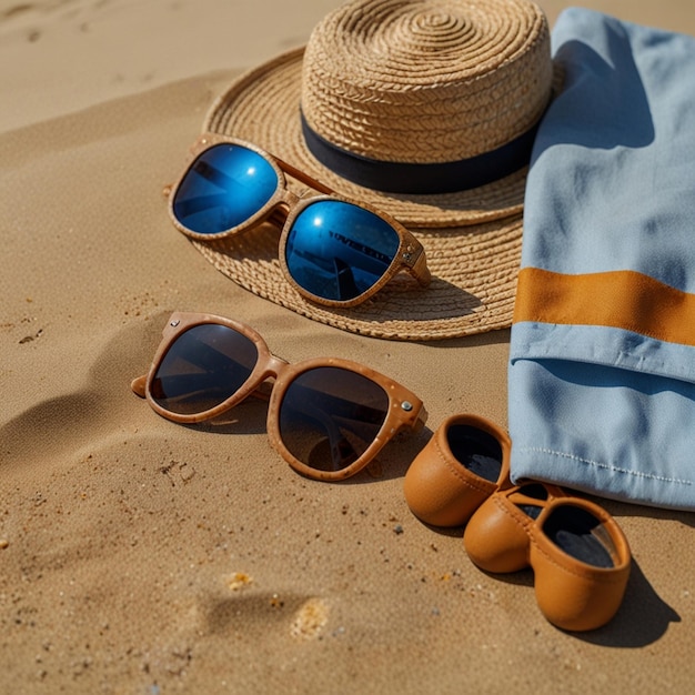 a hat and sunglasses are on the sand with a blue towel