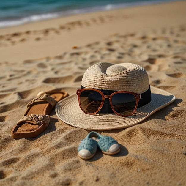 a hat and sunglasses are on the sand with a pair of sunglasses