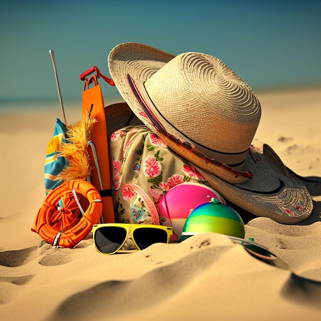 A hat and sunglasses are on the sand with a sun hat and sunglasses.