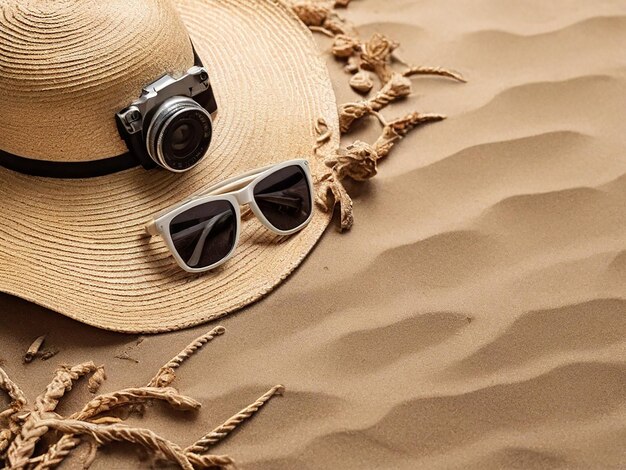 a hat and sunglasses are on the sand