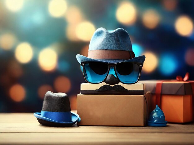 a hat and sunglasses are on a table with a hat and sunglasses