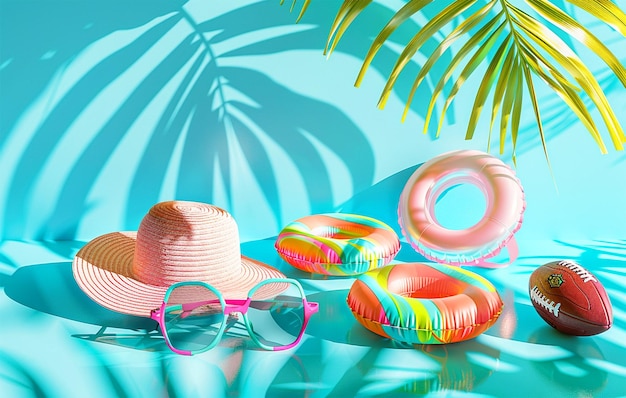 a hat and sunglasses are on a table with a palm tree in the background