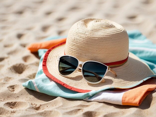 a hat and sunglasses on a beach towel on the sand