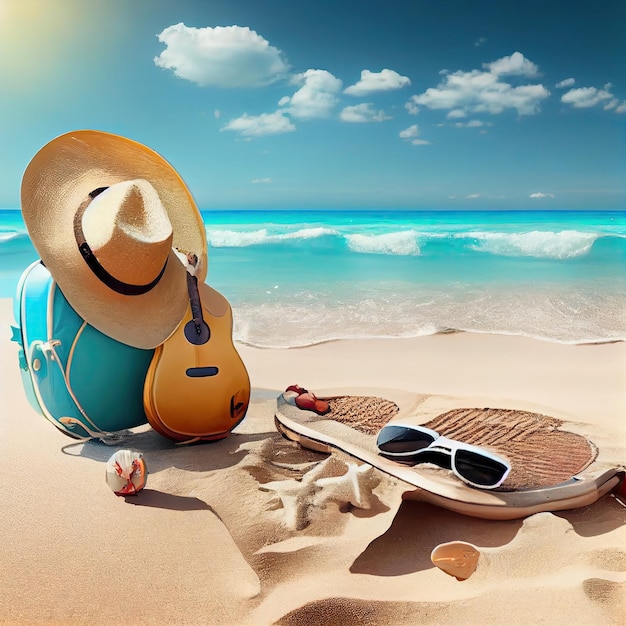 A hat and sunglasses on the beach with a guitar