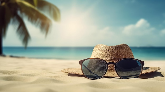 A hat and sunglasses on a beach