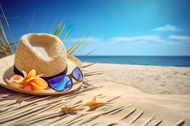 Hat and sunglasses on the sand at a tropical beach Travel concept