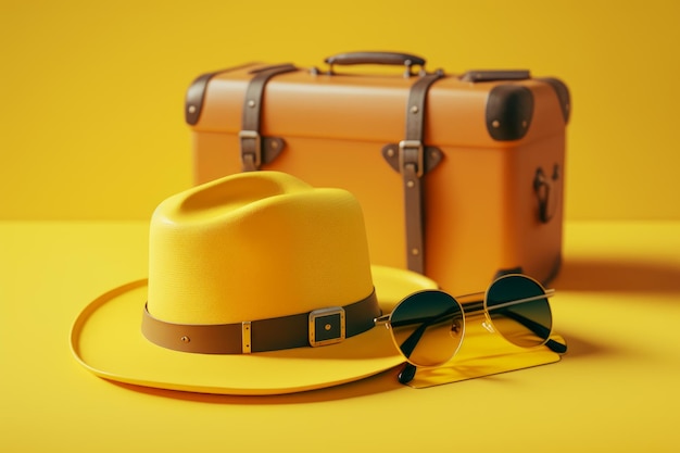 Hat sunglasses and suitcase on yellow background Generative AI