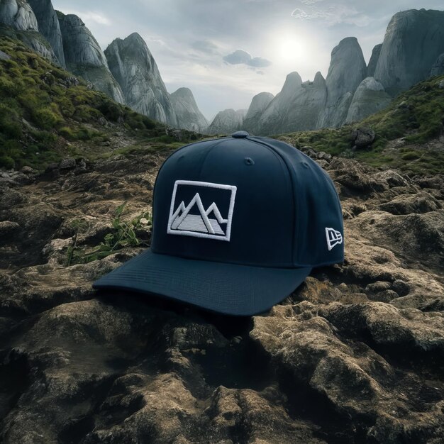 Photo a hat that says mountain on it is on the top of a mountain