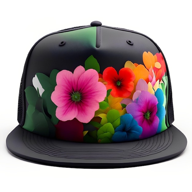 A hat with a colorful design is on a white background.