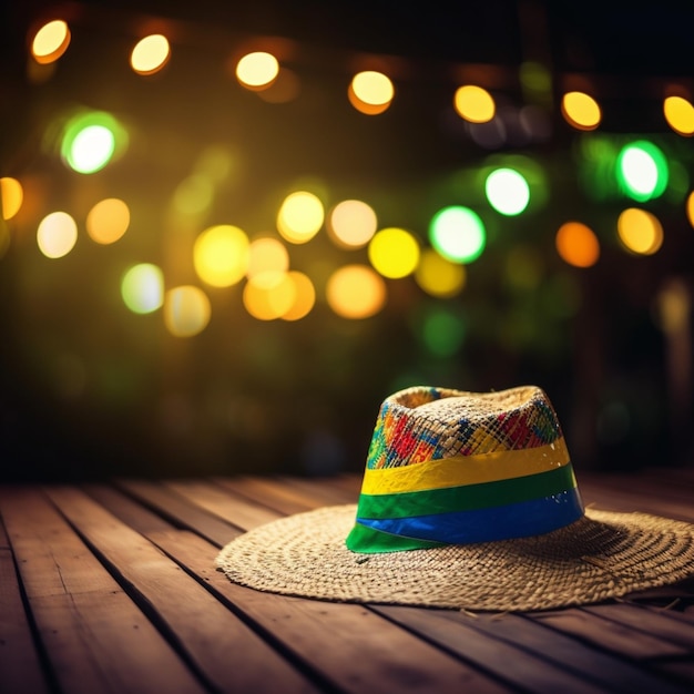 A hat with colorful lights on it sits on a wooden table