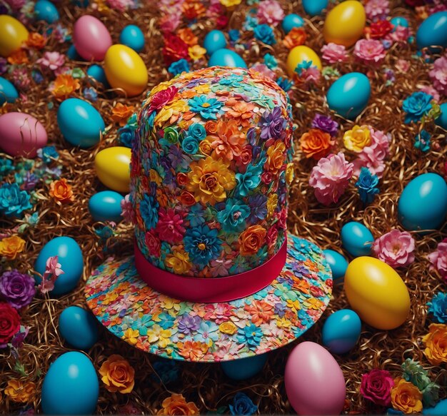 a hat with a flower on it sits among easter eggs