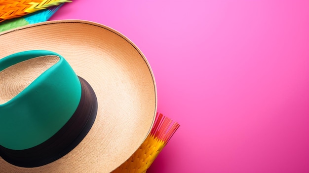 A hat with a green band sits on a pink background.