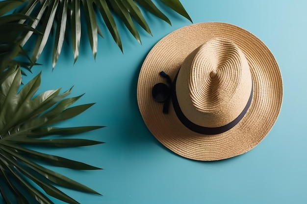 A hat with a palm leaf on a blue background