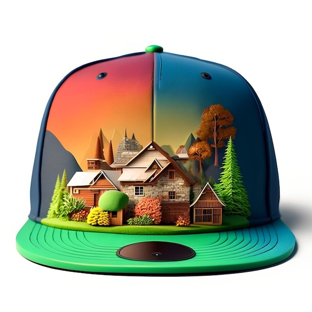 A hat with a picture of a house on it