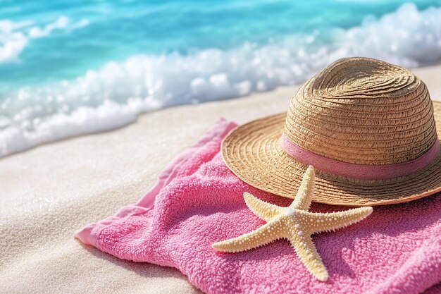 a hat with a starfish on it sits on a pink towel