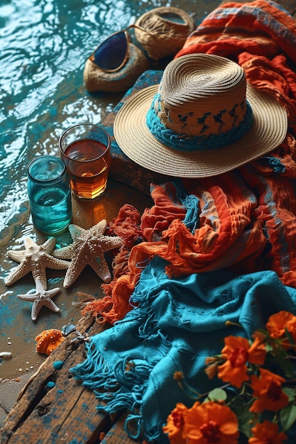 a hat with a straw hat and some starfish on a table