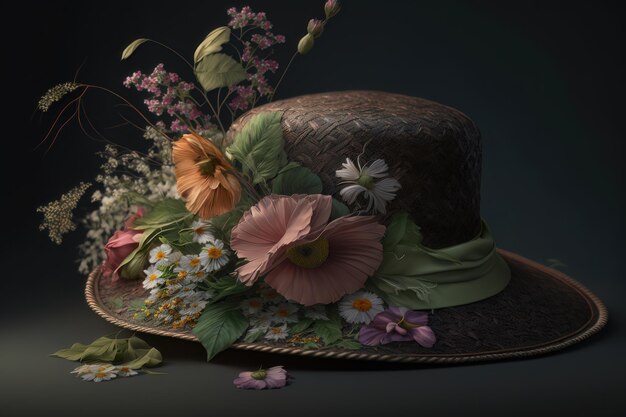 Hat with wildflowers on a wooden table on a dark background AI generation