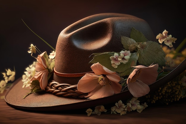 Hat with wildflowers on a wooden table on a dark background AI generation