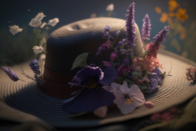 Hat with wildflowers on a wooden table on a dark background AI generation