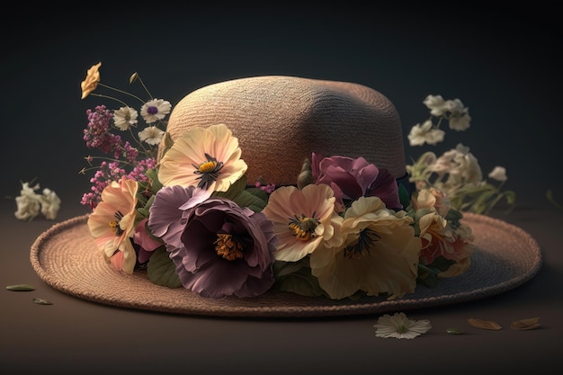 Hat with wildflowers on a wooden table on a dark background AI generation