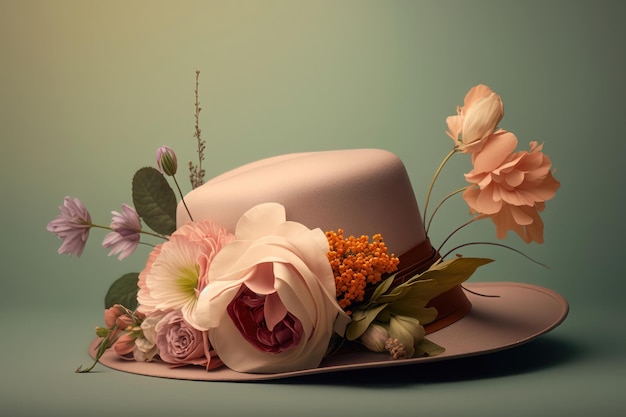 Hat with wildflowers on a wooden table on pastel background AI generation