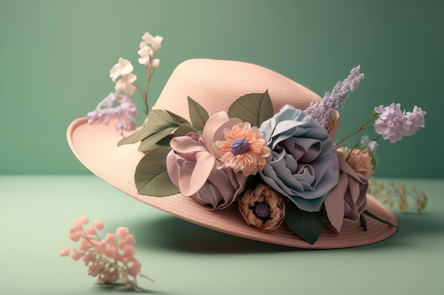 Hat with wildflowers on a wooden table on pastel background AI generation