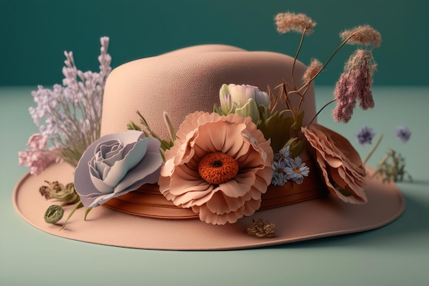 Hat with wildflowers on a wooden table on pastel background AI generation