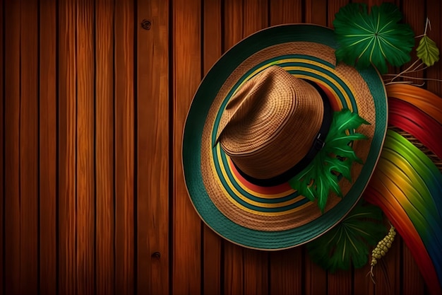 Hat on wooden background Sao Joao June celebration Copy space Brazilian Festa Junina