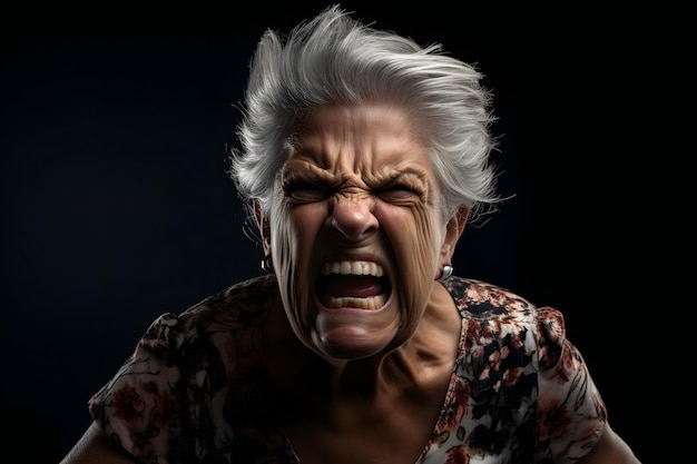 Hateful senior latin american woman screaming head and shoulders portrait on black background neural