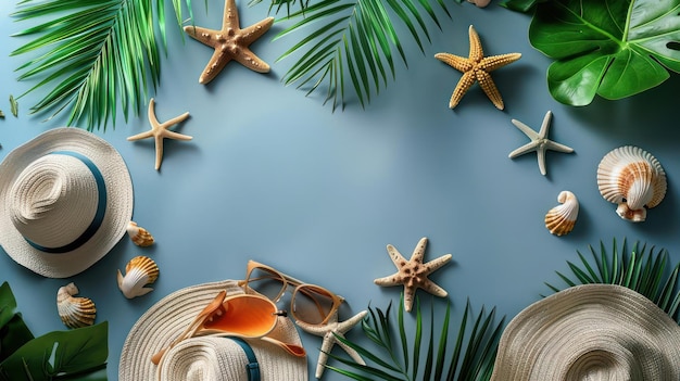 Hats and shells are arranged on a blue surface creating an underwaterthemed display