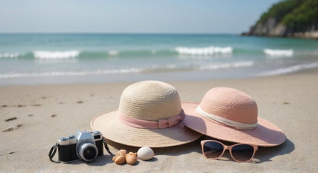 hats and sunglasses are on the beach and one of them has a camera on it