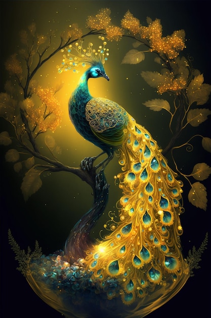 The haughty and beautiful transparent luminous yellow peacock generative ai