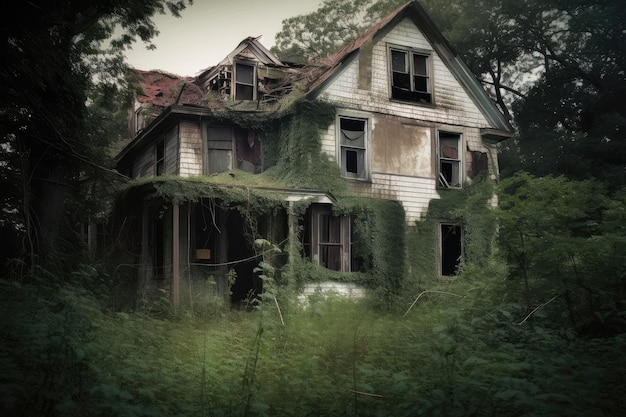 Haunted abandoned house with broken windows and overgrown garden bringing to mind a ghostly figure