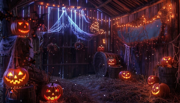 Haunted barn with eerie decorations and glowing jacklanterns