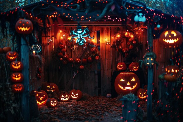 Haunted barn with Halloween decorations and glowing jacklanterns