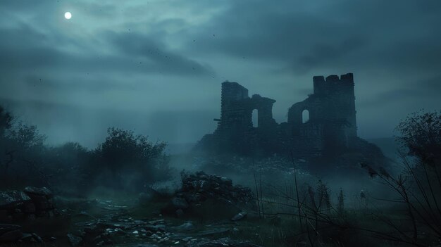 Haunted castle ruins moonlit mist desolate landscape unsettling silence 8K resolution wide shot spooky atmosphere