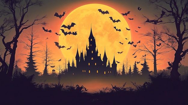 Photo haunted castle silhouetted against a full moon and bats