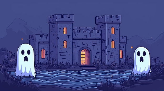 Haunted Castle with Ghosts at Night