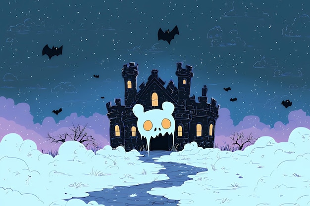 Haunted Castle with Melting Skull in Snowy Landscape