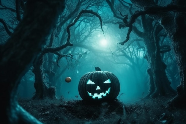 Haunted forest at blue moon Halloween night jack o lantern with spooky lights like specters