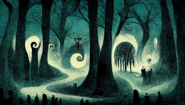 Haunted forest creepy landscape illustration Fantasy Halloween forest background 3D illustration