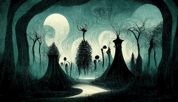 Haunted forest creepy landscape illustration Fantasy Halloween forest background 3D illustration