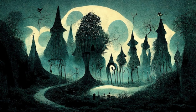 Haunted forest creepy landscape illustration Fantasy Halloween forest background 3D illustration